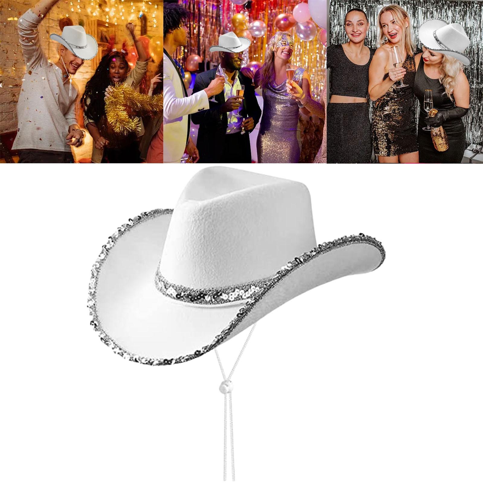 Взрослая ковбойская шляпа в техасском стиле Аксессуар для вечеринки в костюмах Белая шляпа с пайетками Белая ковбойская шляпа с серебристым ободком One Size белый