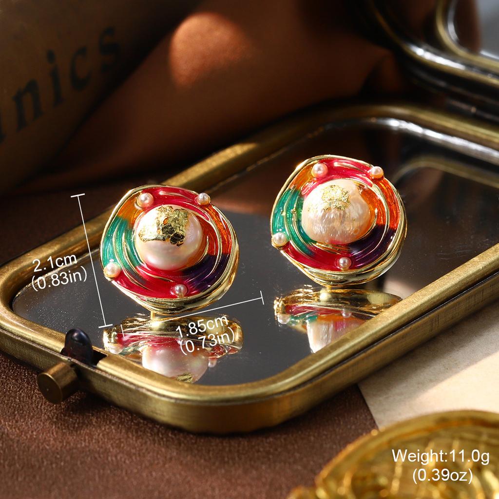 Court style High flower Oil painting style French retro sweet fashion Baroque pearl temperament Niche stud earrings female