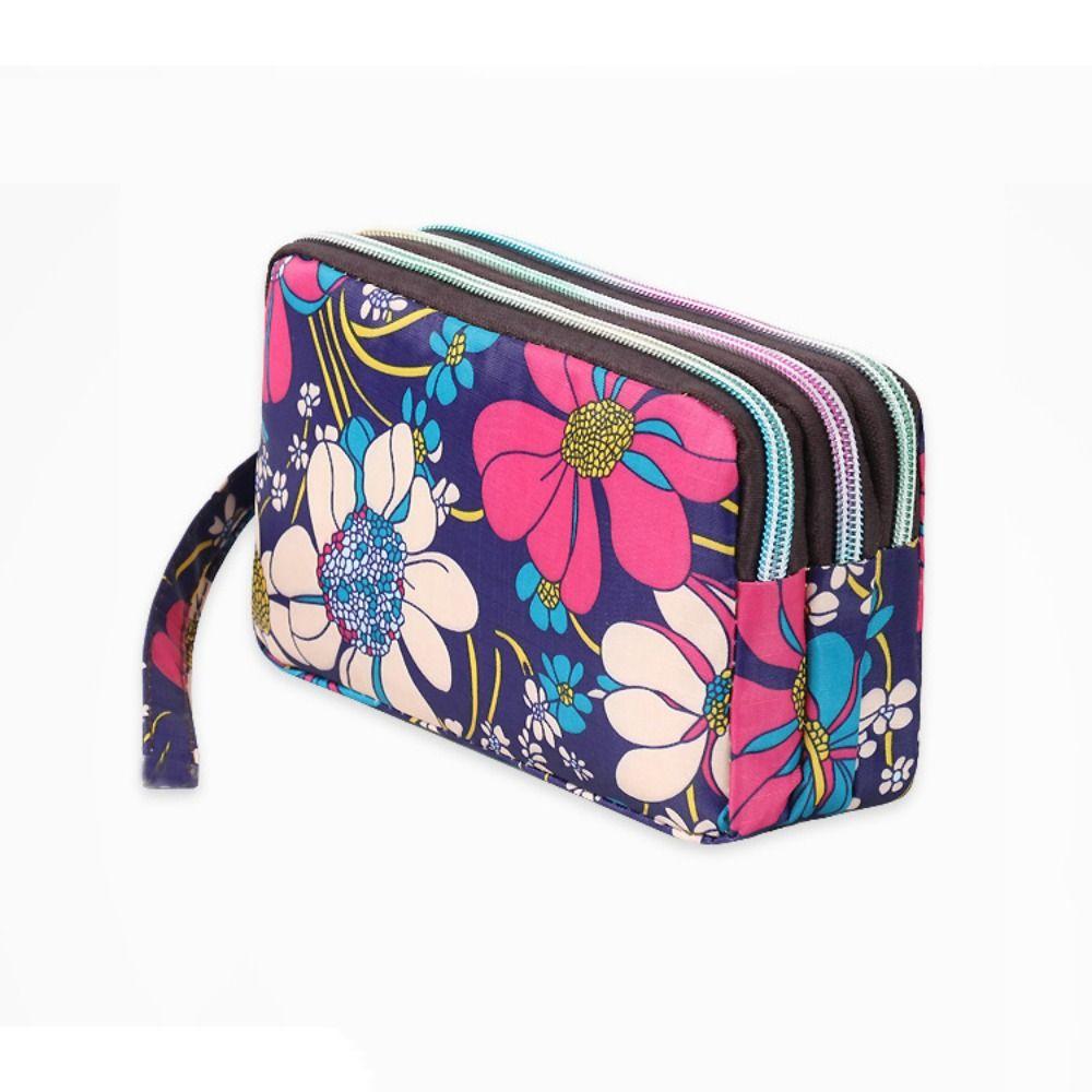 Print Flower Wallet Waterproof Three Zippers Bags Casual Canvas Wallet  Ladies