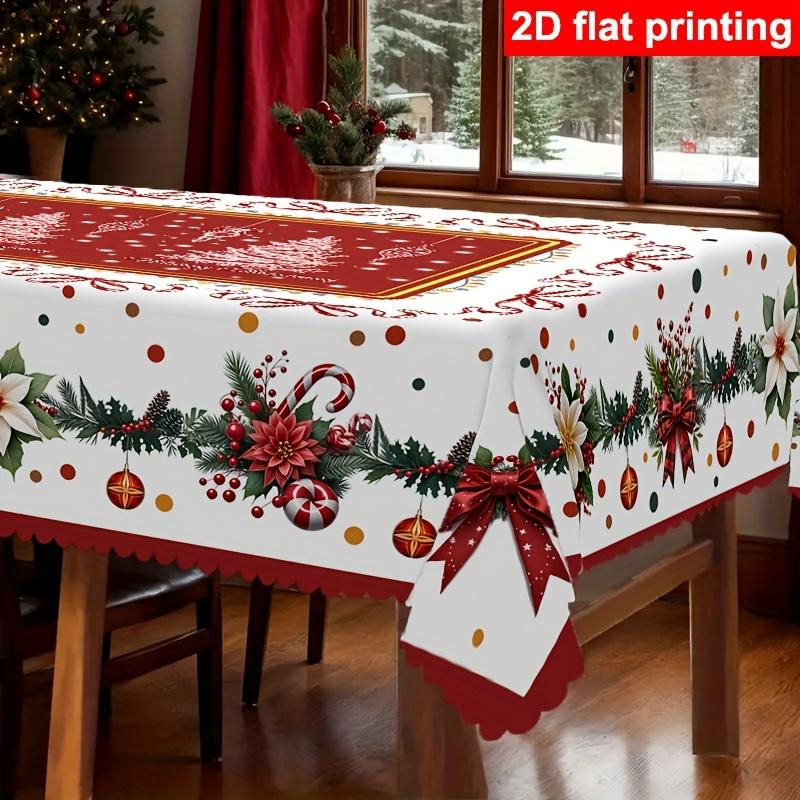 Tablecloth with Embossed Edges , Featuring a Merry Christmas Theme for Parties, Adorned with a Buffalo Check Bow, Poinsettias, Christmas Trees