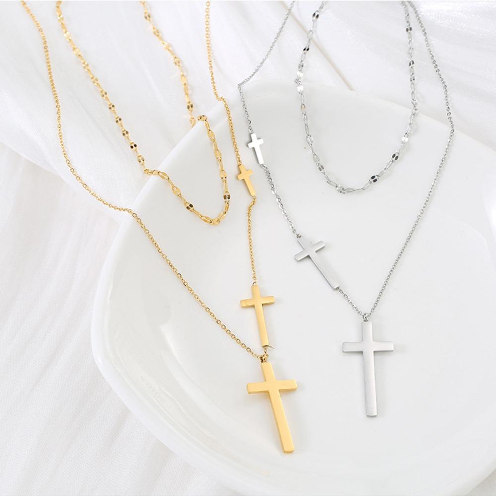 Simple Trendy Smooth Surface Metal Stainless Steel Cross Pendant Double Layer Necklace for Women Collar Chain Jewelry Accessory
