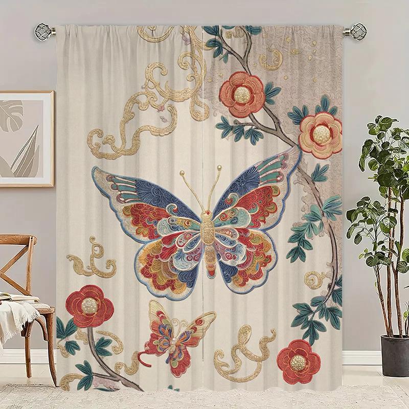 

2Pcs- Vintage Butterfly - Printed curtains -100% polyester for bedroom curtains and living room decor. 29Wx64L(75x166CM)x2