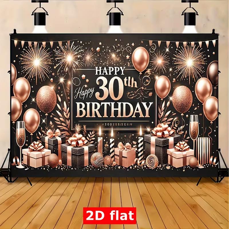 2D Luxury 30th Birthday Backdrop, Rose Gold Balloons & Champagne Decor Banner