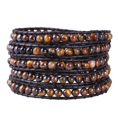 KELITCH Synthetic Tiger Eye Gems Beads 5-Wrap Bracelet Leather Handmade Strand Bracelet (Tiger Eye)