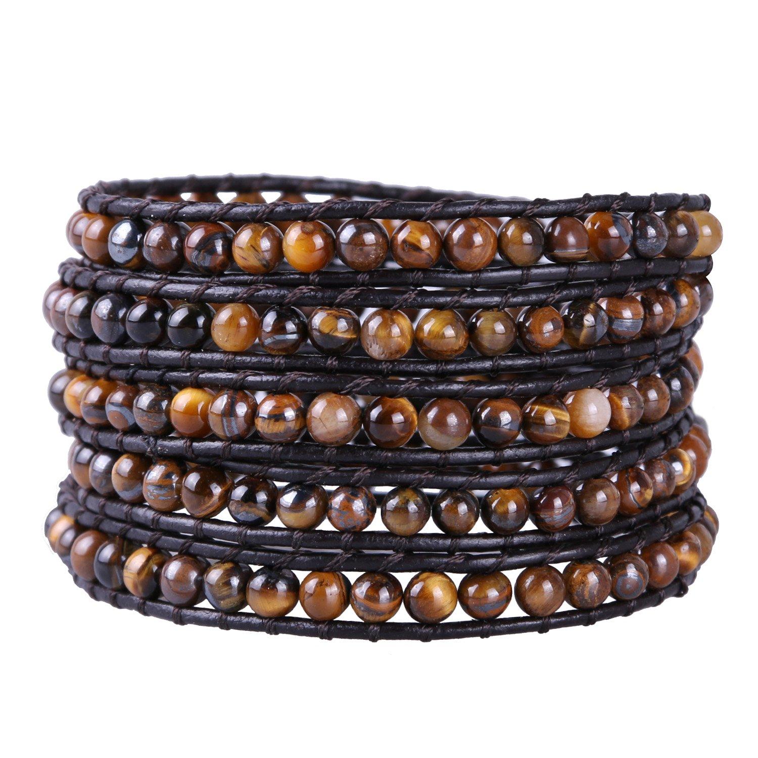 KELITCH Synthetic Tiger Eye Gem Beads 5-Wrap Bracelet Leather Handmade Strand Bracelet (Tiger Eye)