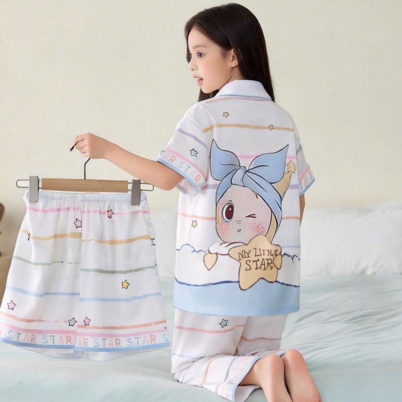 Girls Ice Silk Pajama Set Short Sleeve 3-Piece Cartoon Home Wear Ages 8