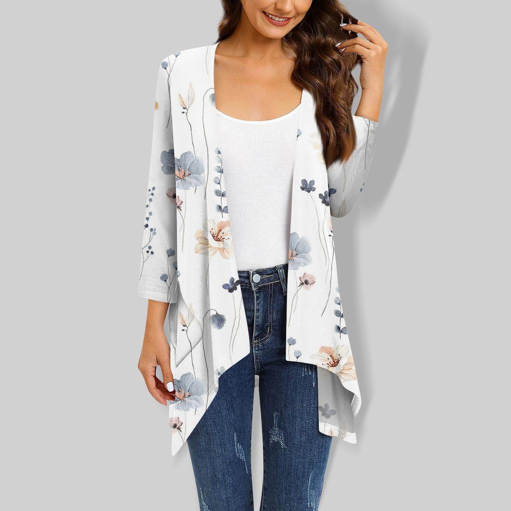 Women's Floral Print Irregular Three-quarter Sleeve Cardigan With Pocket Jacket