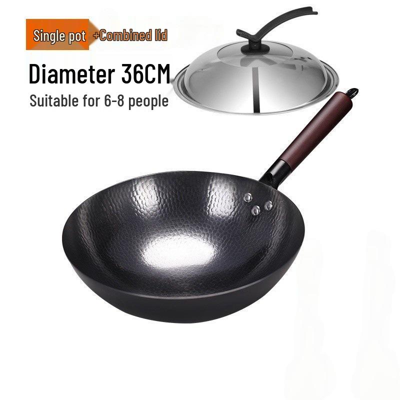 Zhangqiu Hand-Hammered Uncoated Non-Stick Wrought Iron Stir-Fry Wok with Spatula