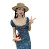 French Blue Floral Square Neck High-end Dress Women's Summer New Small Beautiful Long Dress