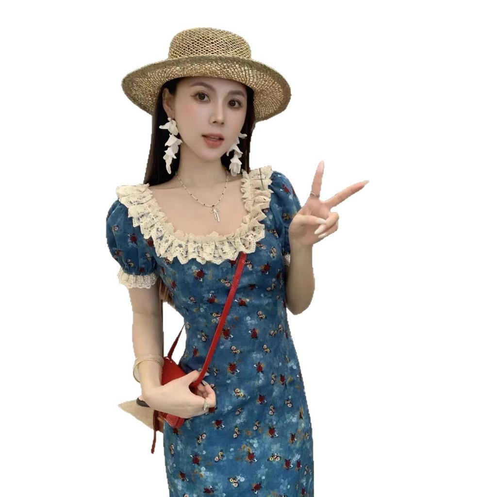 French Blue Floral Square Neck High-end Dress Women's Summer New Small Beautiful Long Dress