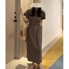South Korea Dongdaemun summer new commuter fashion temperament round neck drawstring waist short sleeve dress women