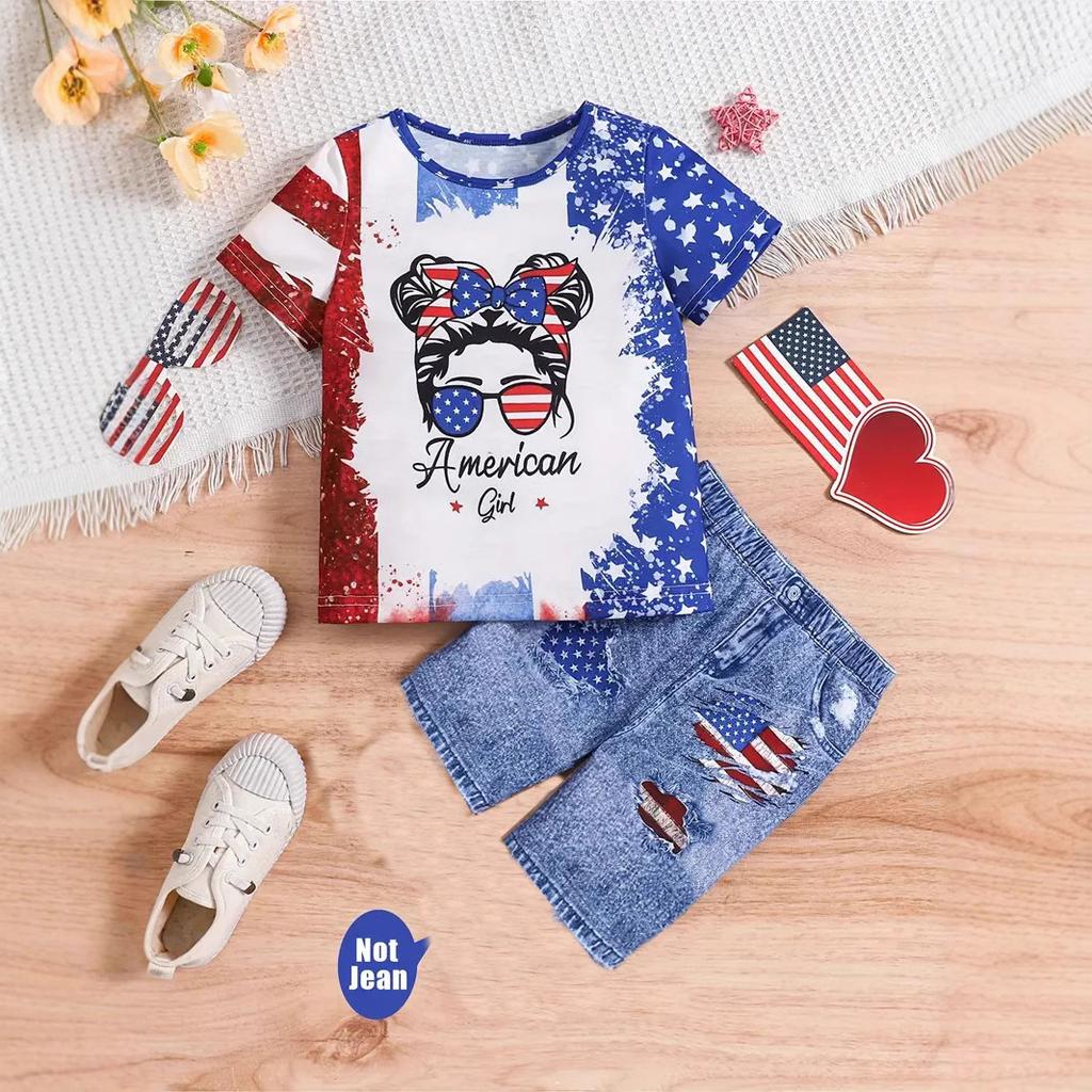 Girls Summer Cartoon Print Suit Without Pockets Fake Denim Shorts T-shirt Top Two-piece Set