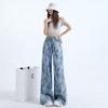 Spring Summer Light Blue Printed Fine Glitter Wide Leg Flare Denim Pants For Ladies Casual Pants Oversize Denim Trousers