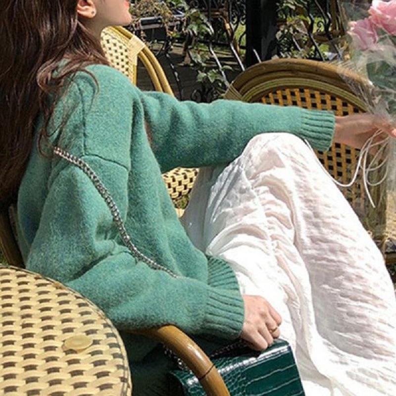 Lazy wind knitted sweater basic versatile round neck pullover blue sweater women's autumn and winter retro casual