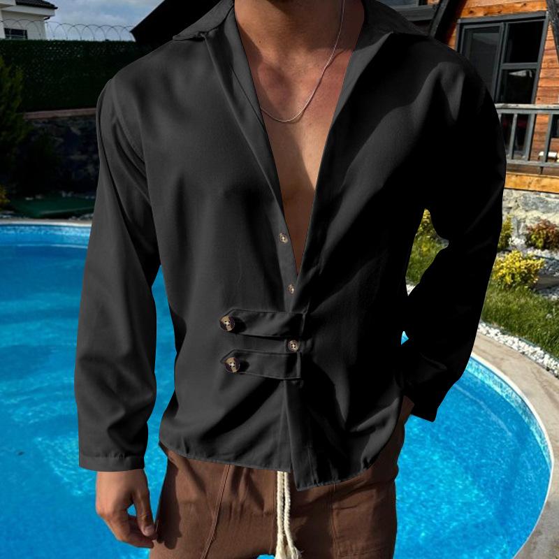 Mens Solid Color Casual Lapel Long Sleeve Shirt