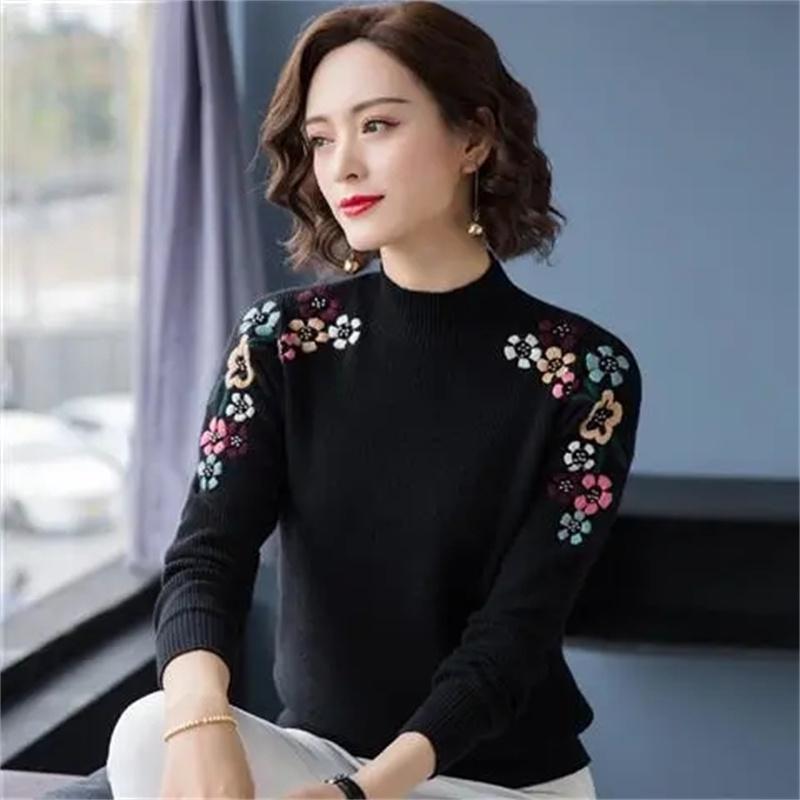 Женские тонкие полуводолазки с вышивкой, трикотажные пуловеры, женские модные эластичные свитера на осень и зиму, повседневные трикотажные топы большого размера M чёрный
