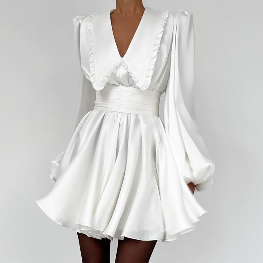 Summer new French court style satin dress V-neck bubble sleeve retro tutu skirt temperament women's clothing