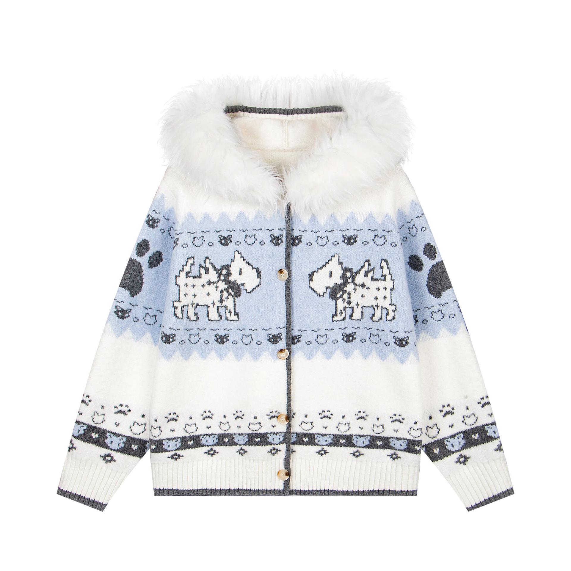 Men s Autumn/Winter Jacquard Knit Sweater with Detachable Fur Collar Hoodie L белый