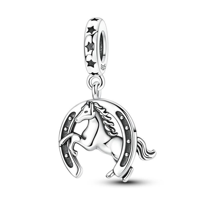 

925 Silver Good Luck Horseshoe & Horse Dangle Charms Lucky Beads Fit Bracelets Lucky Jewelry Gift for Women Girls