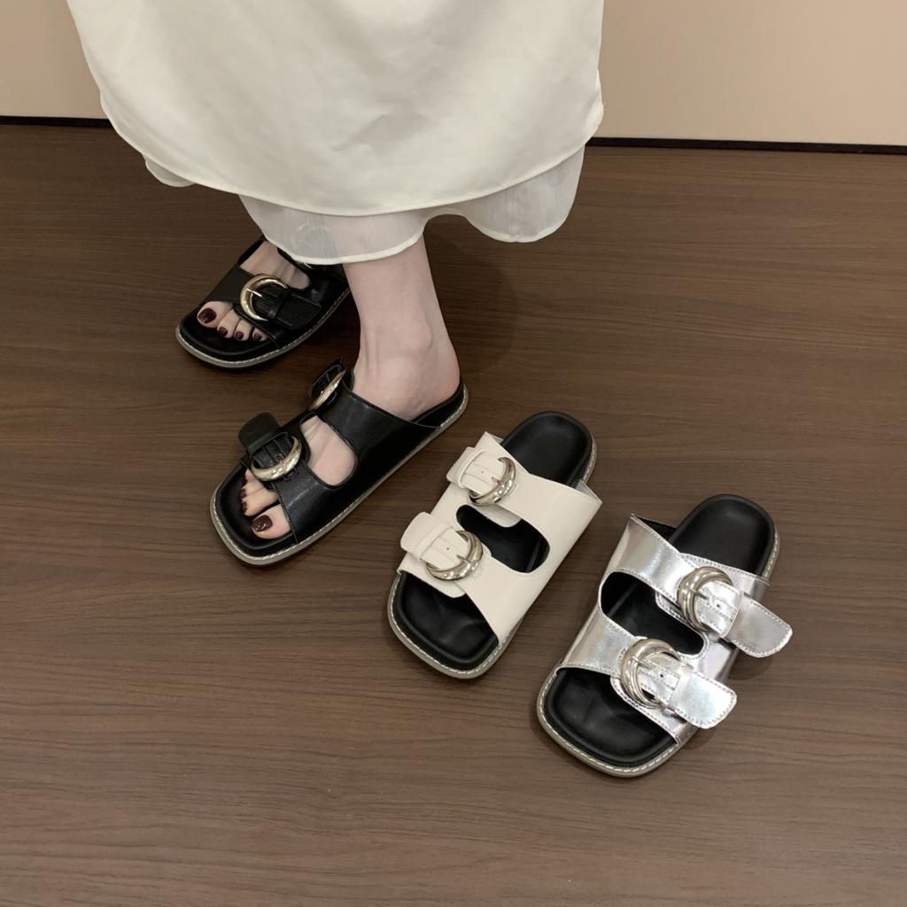 French casual belt buckle thick-soled cloth-covered cool slippers summer retro outer wear open-toed flat-bottomed casual one-word slippers