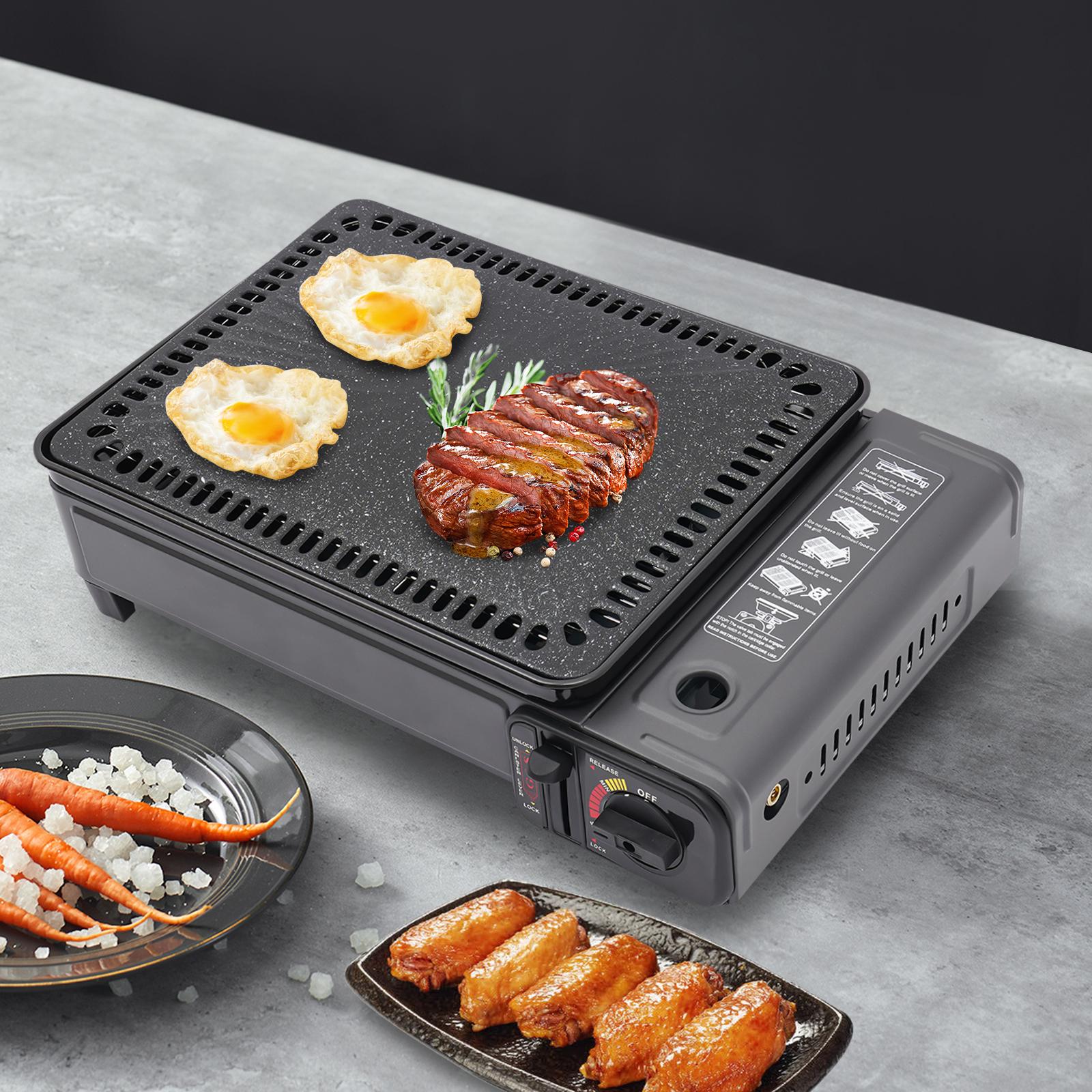 Bymaocar Portable Gas Grill W/ Adjustable Temperature,Overpressure Protection,BBQ Grid,Grill Pan & Food Tong for Outdoor Cooking nero