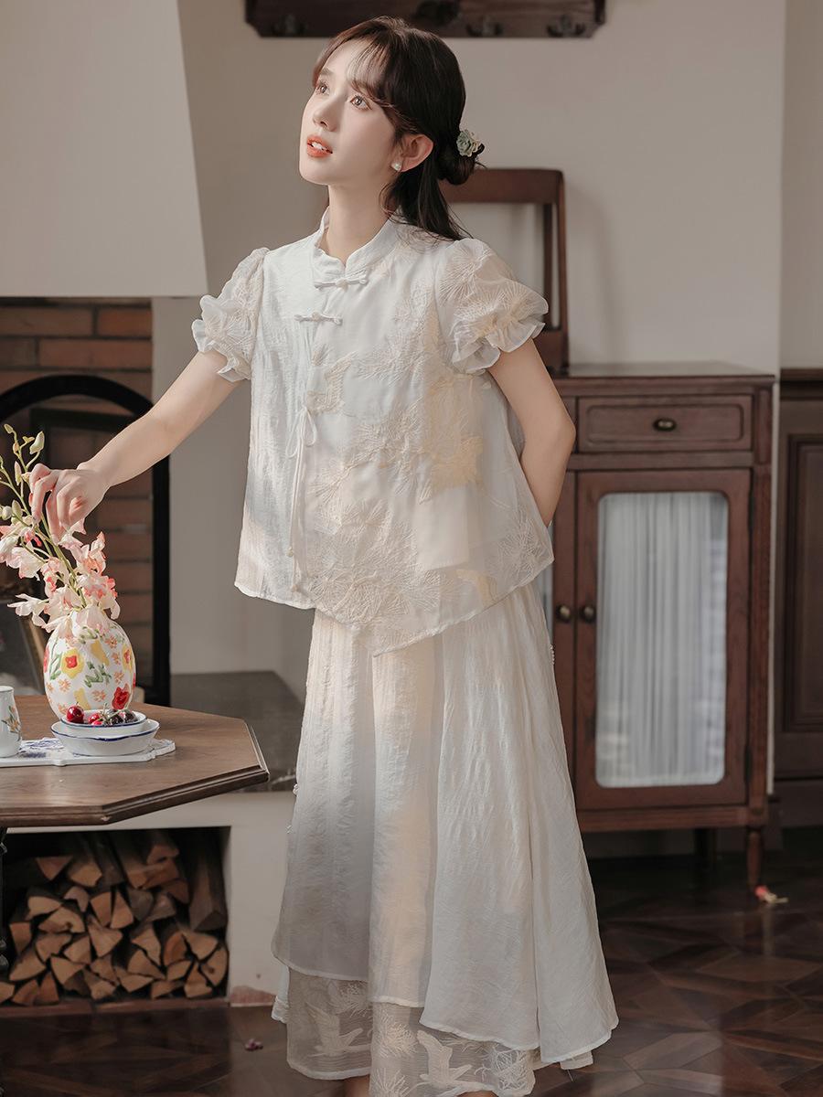 

Летний кремово-жемчужный белый с жаккардом в виде журавлей, ретро-комплект из рубашки и юбки XL