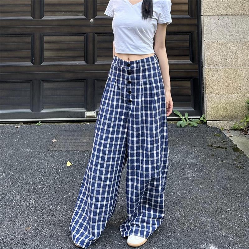 

Клетчатые брюки палаццо с высокой посадкой Star Otaku - Повседневный, свободный стиль в пол для женщин XL (recommended 58-63kg)