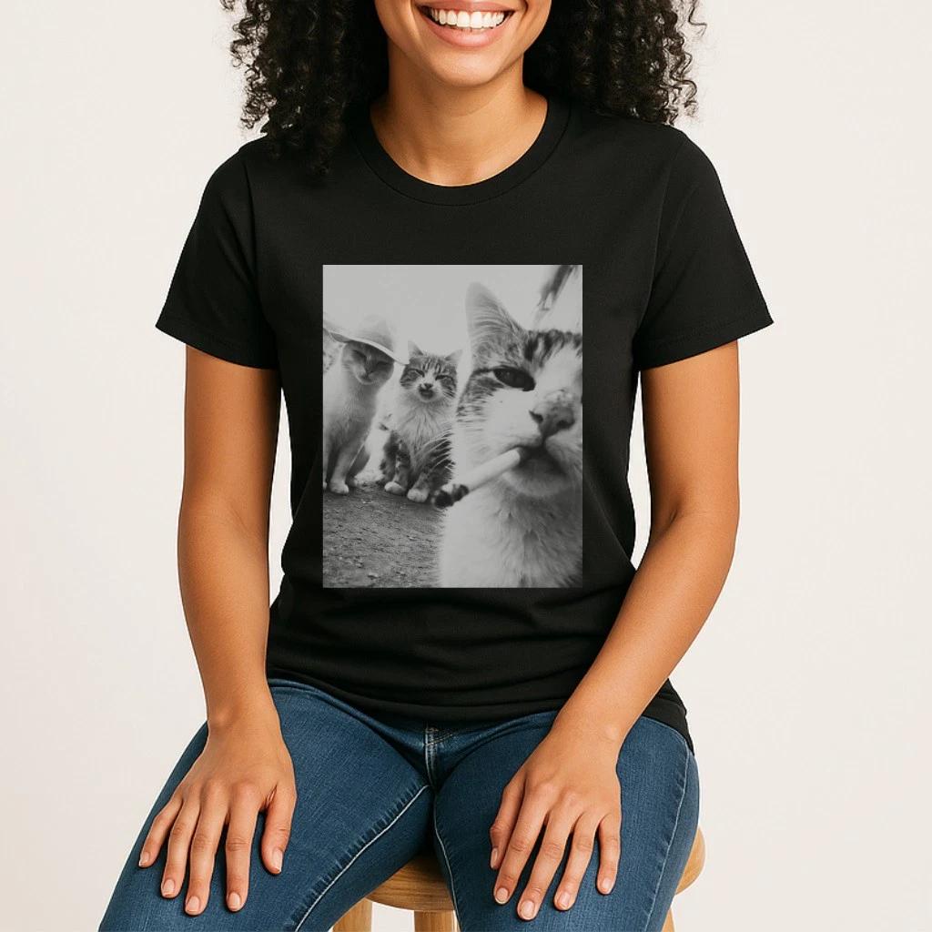 Funny Cat Tee | Smoking Cat T-shirt, Black and White 4XL