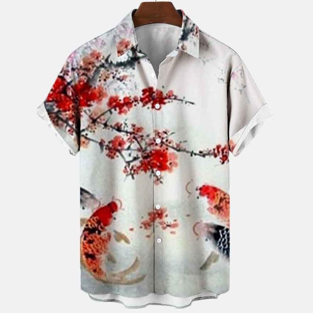 Japanese Flower Bird Print Fashion Men's Shirt Hawaiian Blouse Casual Loose Breathable Short Sleeve Outdoor Street Men's Clothes