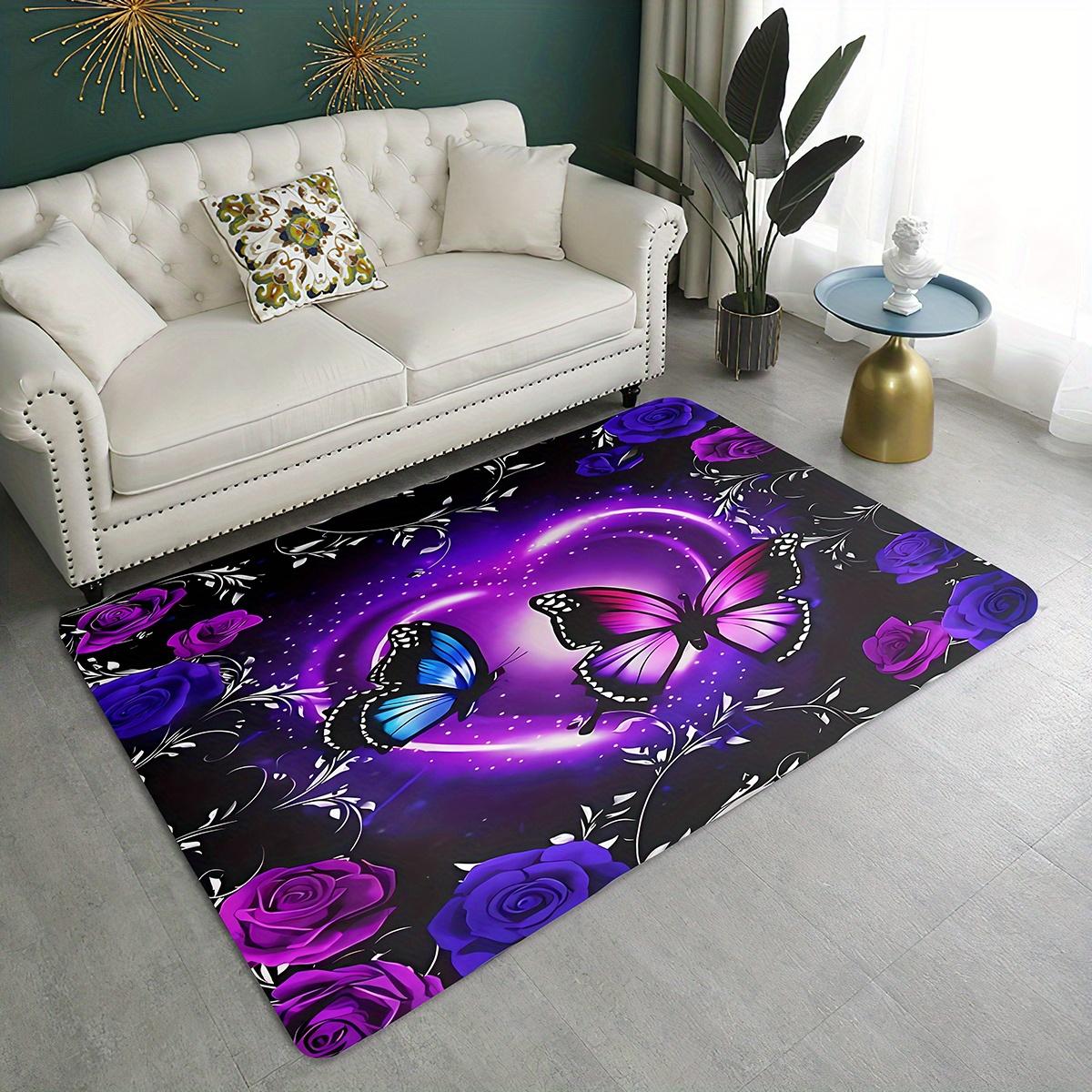 

1pc Butterfly & Floral Pattern Area Rug, Non-Slip Polyester Flannel Sponge Mat, Machine Washable Home Decor Carpet Pad 60x90cm