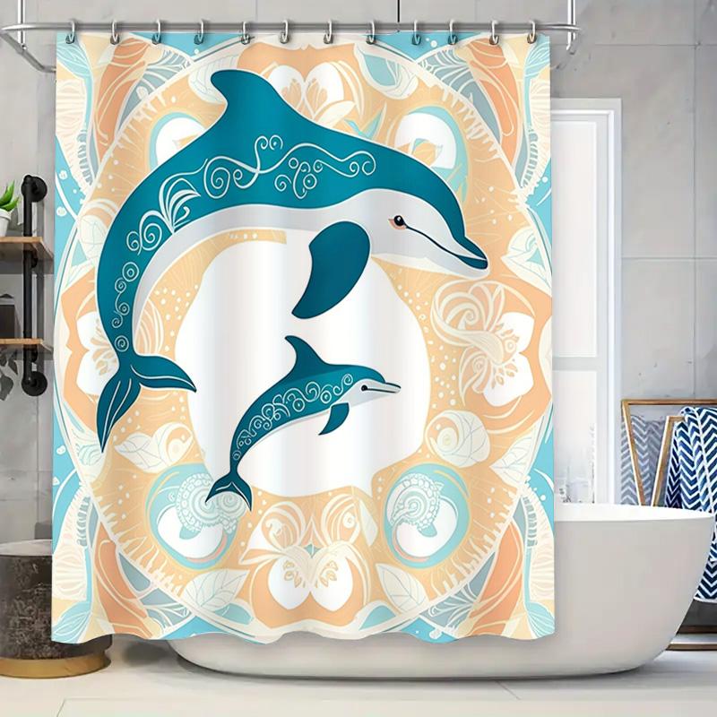 Charming Dolphin Print Shower Curtain Blue Orange Floral Pattern Decorative Bath Mat Set for Home Bathroom 72x84inches 90x180cm