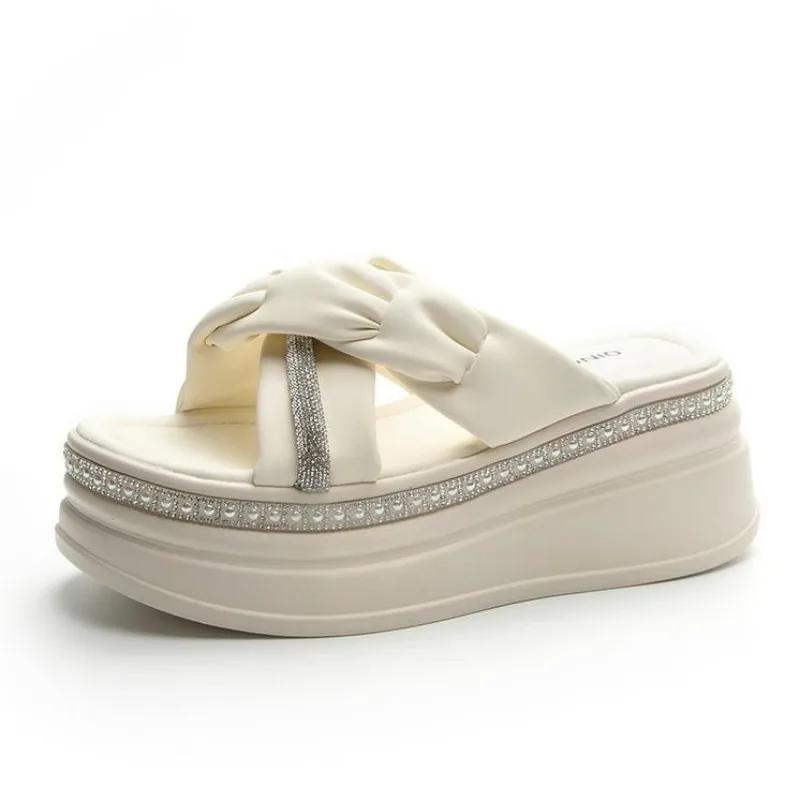 

Fashion 7CM Microfiber Leather Women Zandalias De Mujer Females Buckle Platform Peep Toe Slippers Summer Wedge Flat Sandals Slides Shoes 34