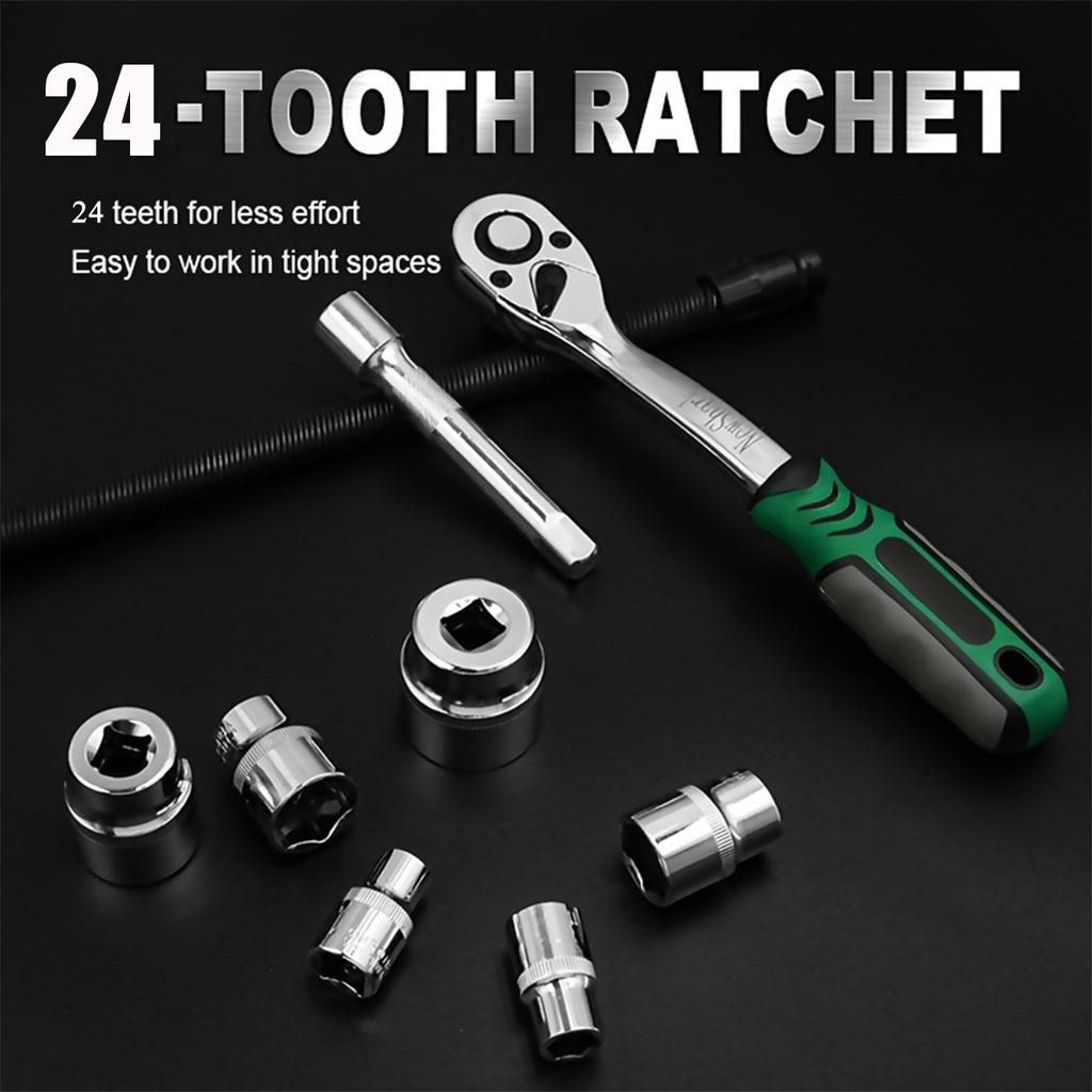 15 Piece Set 1/4 Ratchet Wrench Socket Set Standard 24 Teeth, Including 100MM Extension Rod, Short Socket, Ratchet Wrench