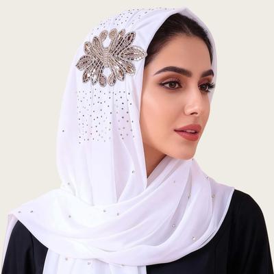 Luxury Rhinestone Chiffon Hijab Scarf Women Muslim Crystal Diamond Headscarf White Wedding Shawl Embroidered Beaded Turban Wrap