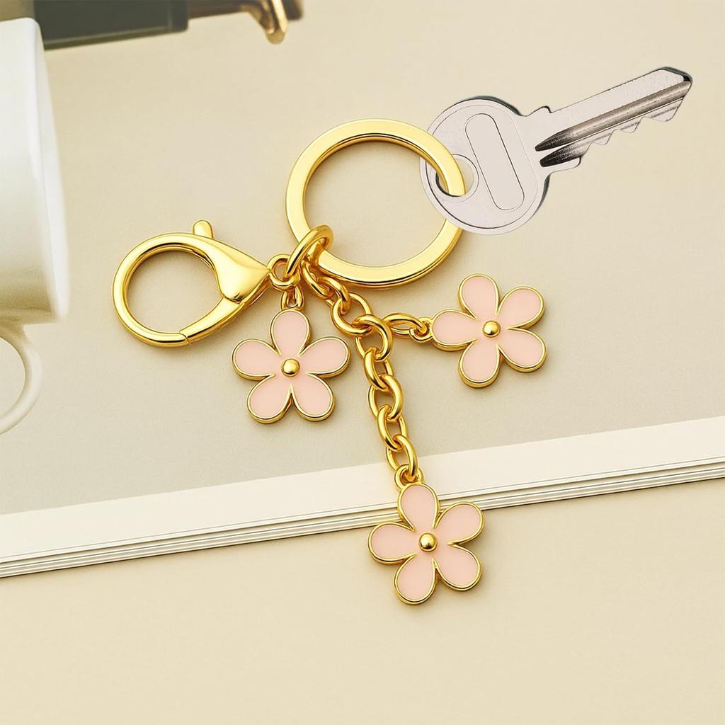 3Pcs Cute Keychain for Women, Flower Enamel Charm Keyring for Handbag Backpack Purse(White,Pink,Black