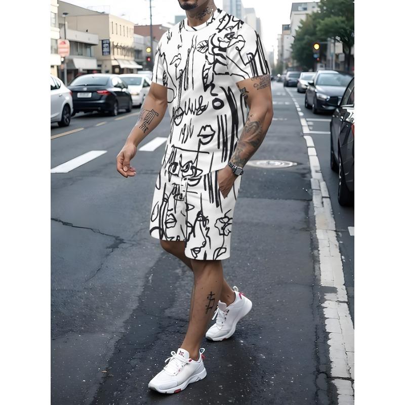 Summer Men s Sportswear Set 3D Printed T-shirt + Shorts Outdoor Street Fashion and Casual S