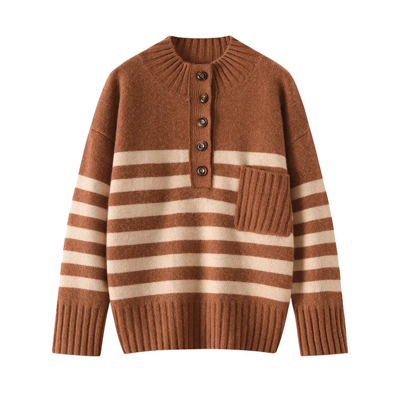 Lekasha Cashmere Striped Knit Sweater - Versatile, Skin-Friendly, Loose Fit for Autumn/Winter