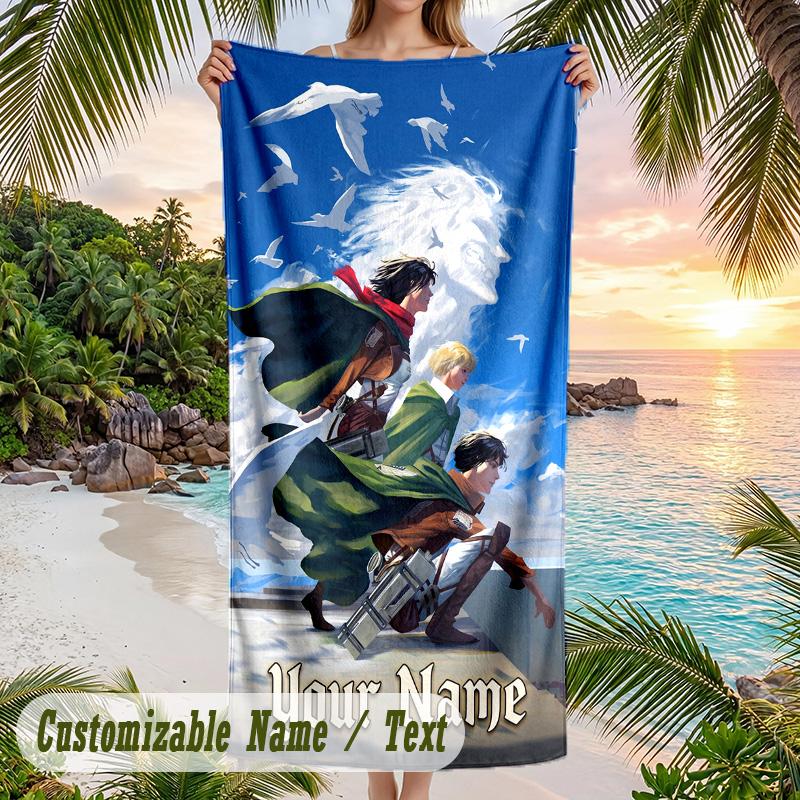 Attack on Titan Beach Towel, Personalized Custom Name Text, Quick Dry Large Absorbent Towel For Beach Pool