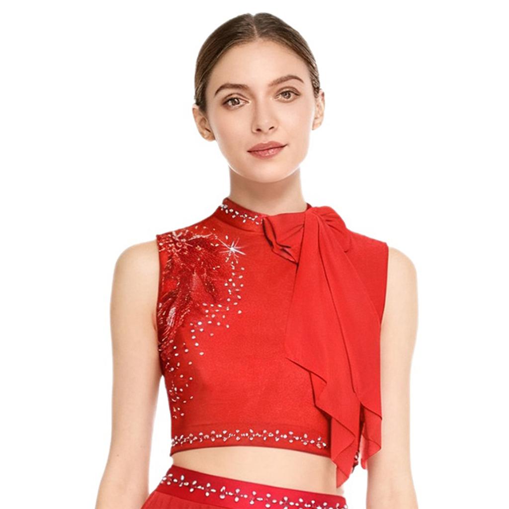 Womens Modern Dance Crop Top Sequin Embroidery Bow Decor Sleeveless Back Hollow Out Dancewear
