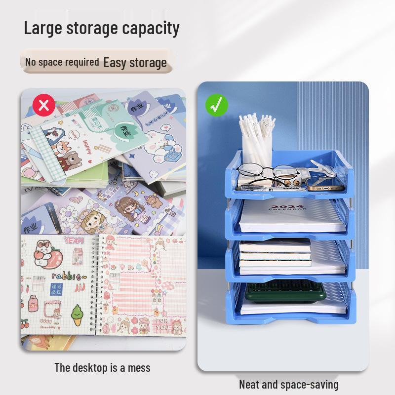 Blue Multi-Layer Desktop File Rack - Office Storage Shelf & Thick Plastic Box