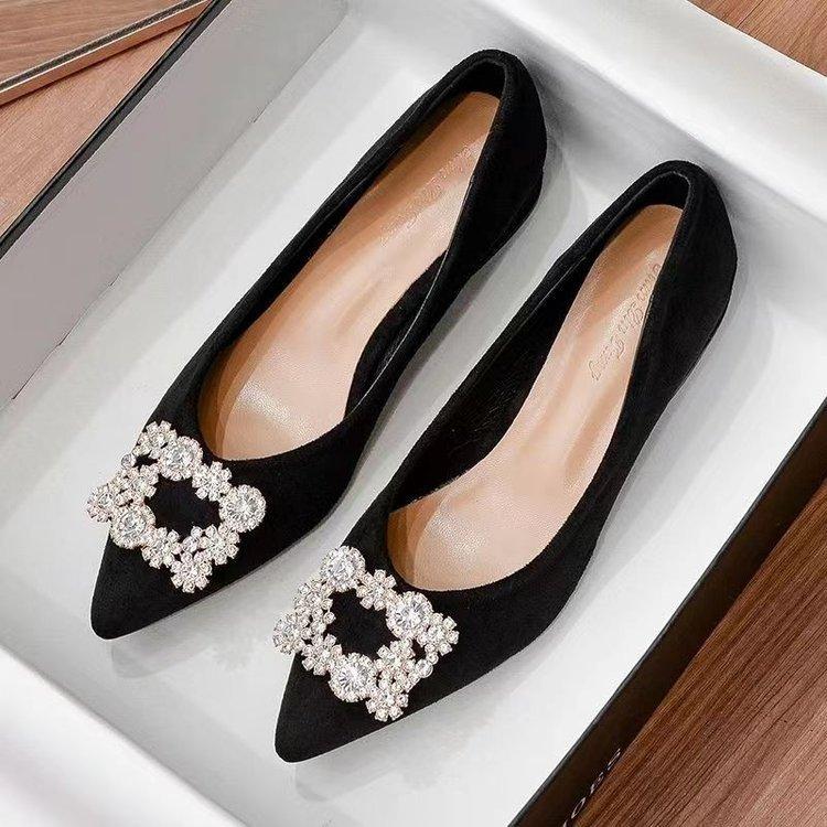 New rhinestone suede thick heel single shoes spring 2025 versatile pointed head shallow mouth low heel French black work