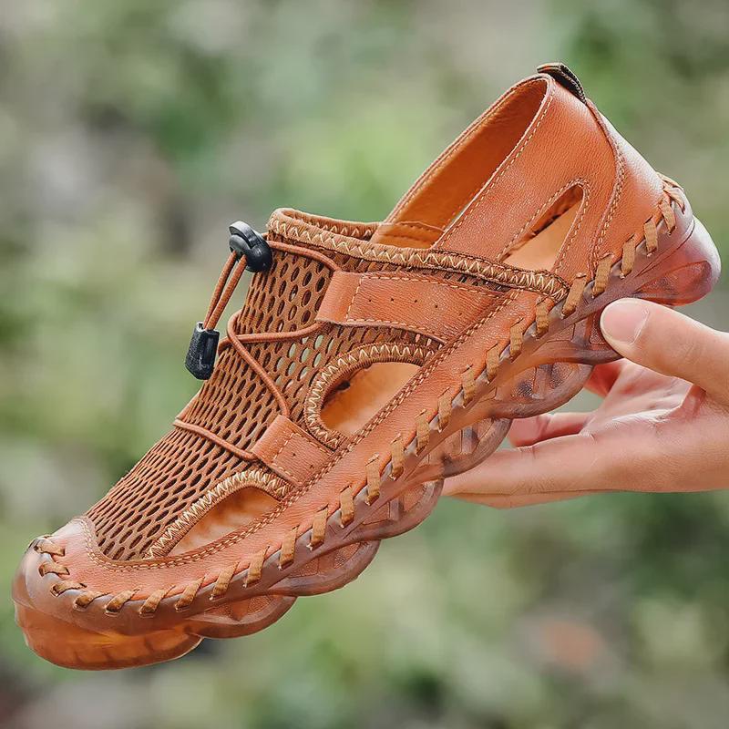 Men's Summer Casual Large-Size Leather Sandals, Outdoor Closed-Toe Beach Shoes, 2021 Design