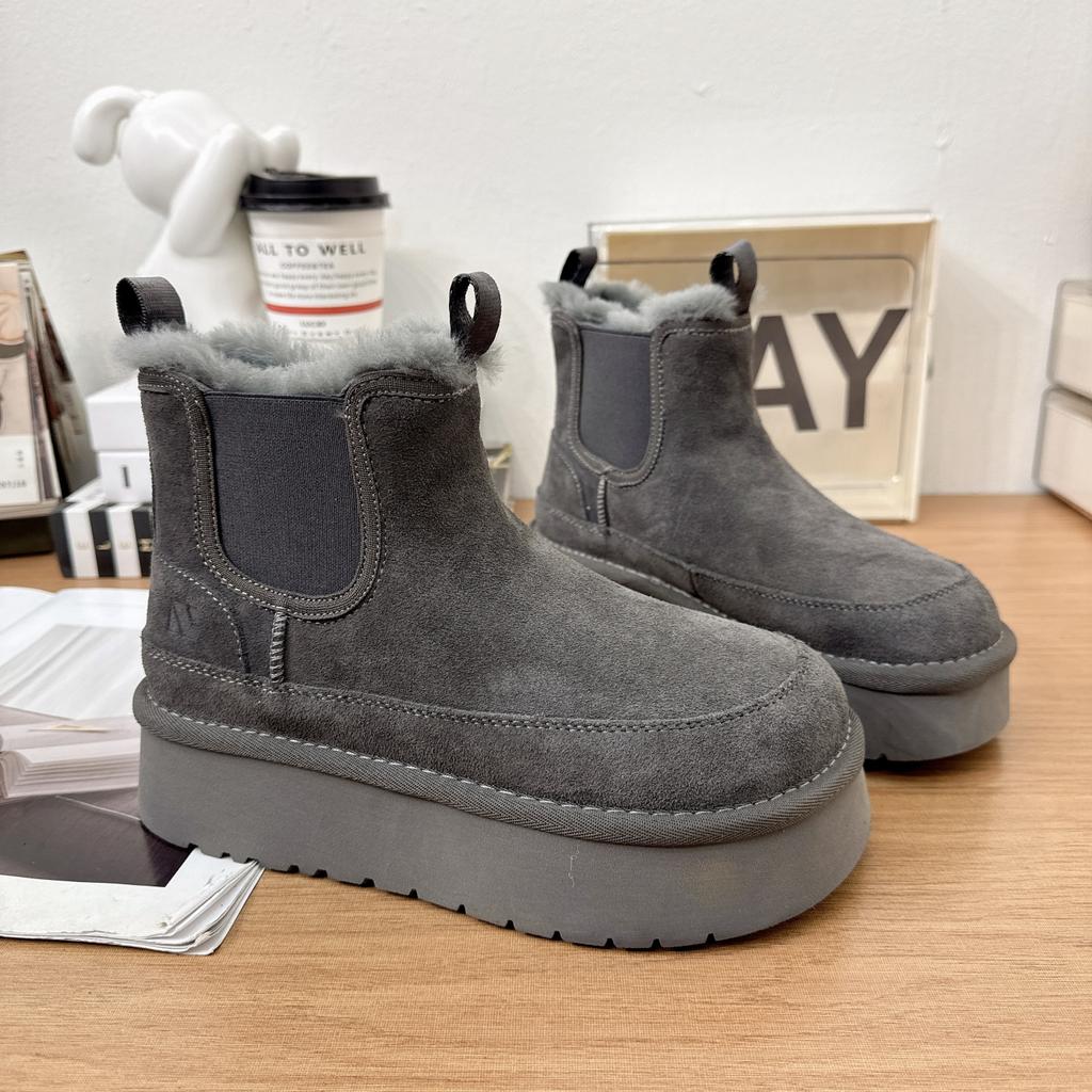 Frosted Leather Big Head Snow Boots Women's Winter Velvet Warm Thick-soled Short Chelsea Boots Fluffy Cotton Boots