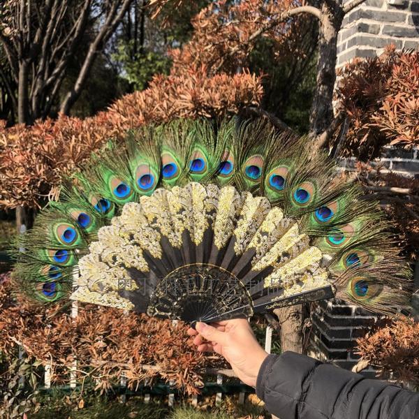 Victorian Gothic Folding Fan with Peacock Feathers and Roses for Photo Props Lolita Fashion Wedding Decor Halloween Costume