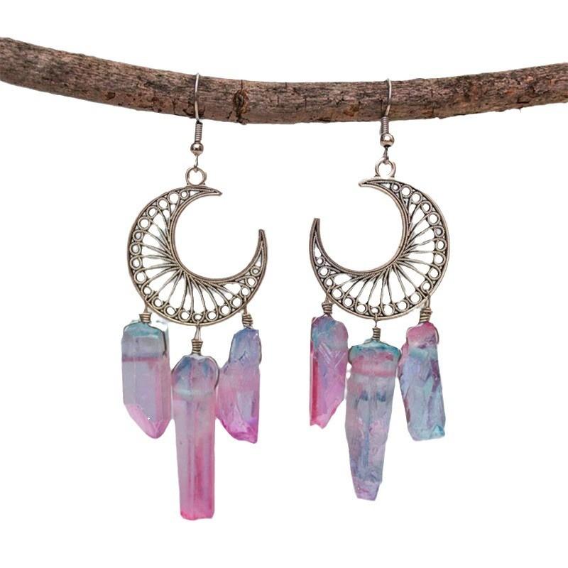 Elegant Asymmetric Purple Quartz Crystal Earrings With Stainless Steel Posts For Womens Fashion