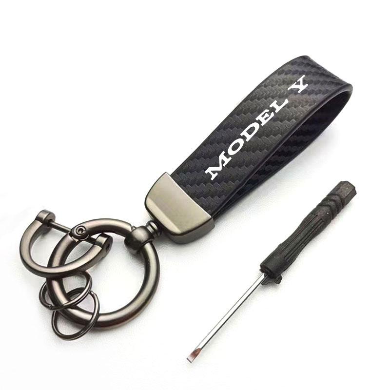 Car Key Chain Luxury Genuine Leather Keychain Pure Color Buckle Key Ring Car Accessories Gift Car Keychain For Tesla Model Y