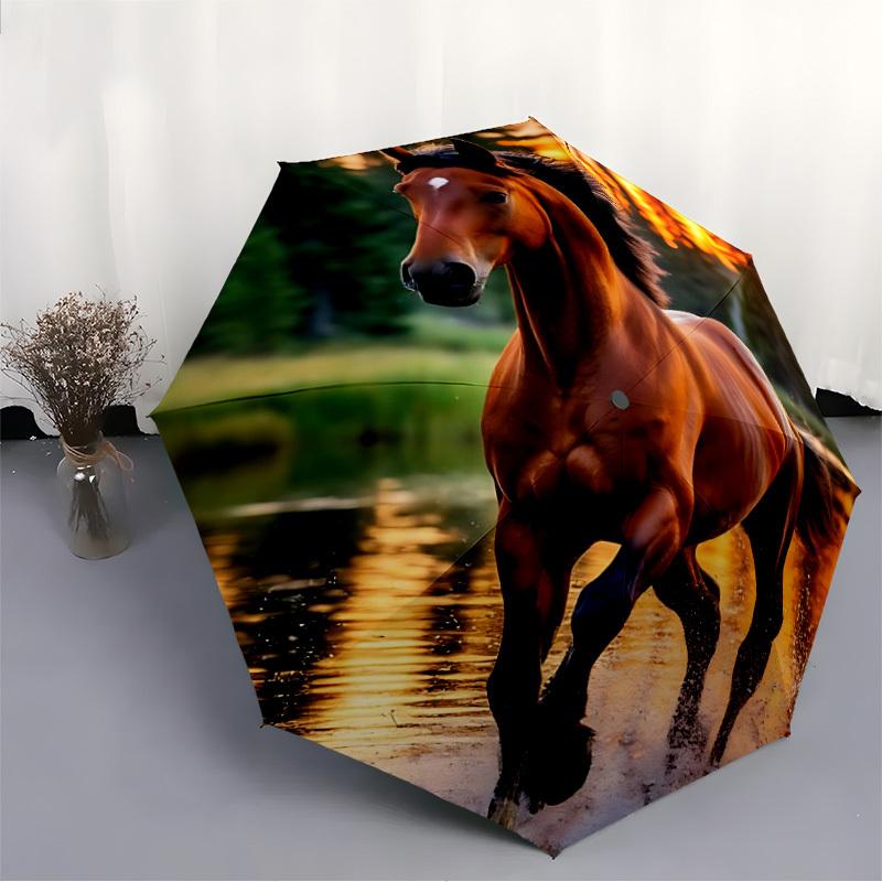 1pc Horse Water Reflection Automatic Folding Umbrella Portable Collapsible 8-Rib Umbrella for All Seasons, Casual Outdoor Accessory, B60