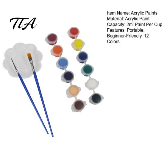 Non-Toxic Paint 1 Set 12 Colors Mini Acrylic Paints with Brushes And Palette, 2ml Per Cup, Kids & Adults Craft Paint, Strips for DIY Crafts,