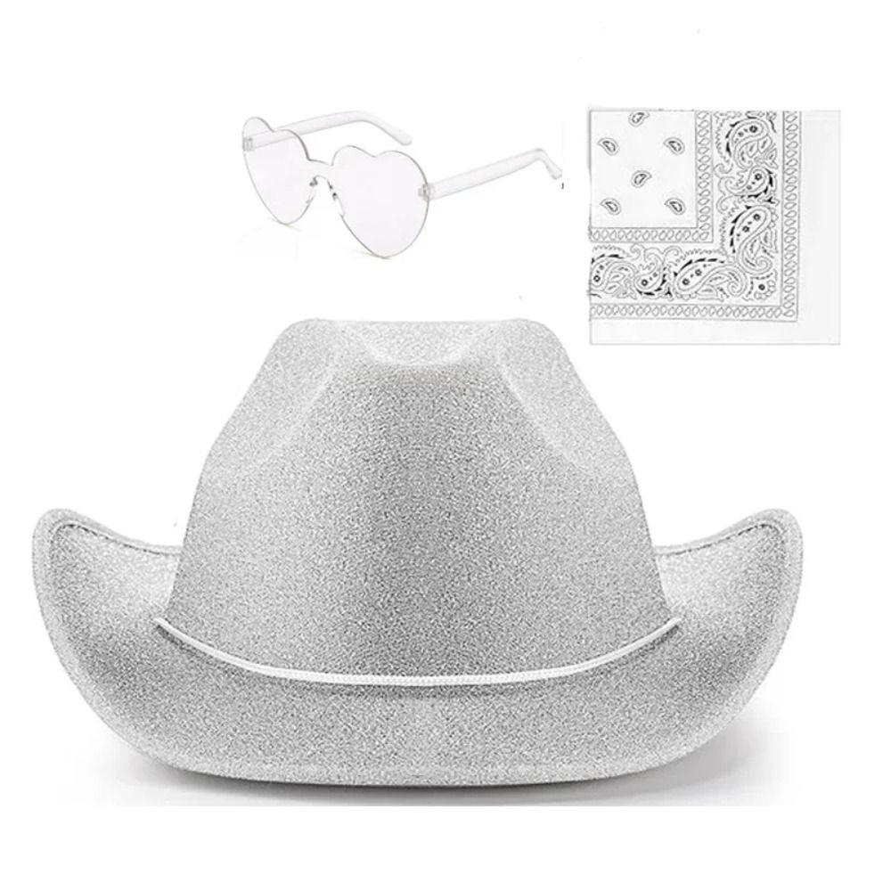 3pcs/Set Wide Brim Western Cowboy Hat Bandana Pink Cowboy Hat Sparkling Powder Denim Hat Halloween