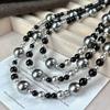 Collana Vintage Doppia Notte Nera Agata Nera Naturale Cristallo Artificiale Perla Catena Clavicola